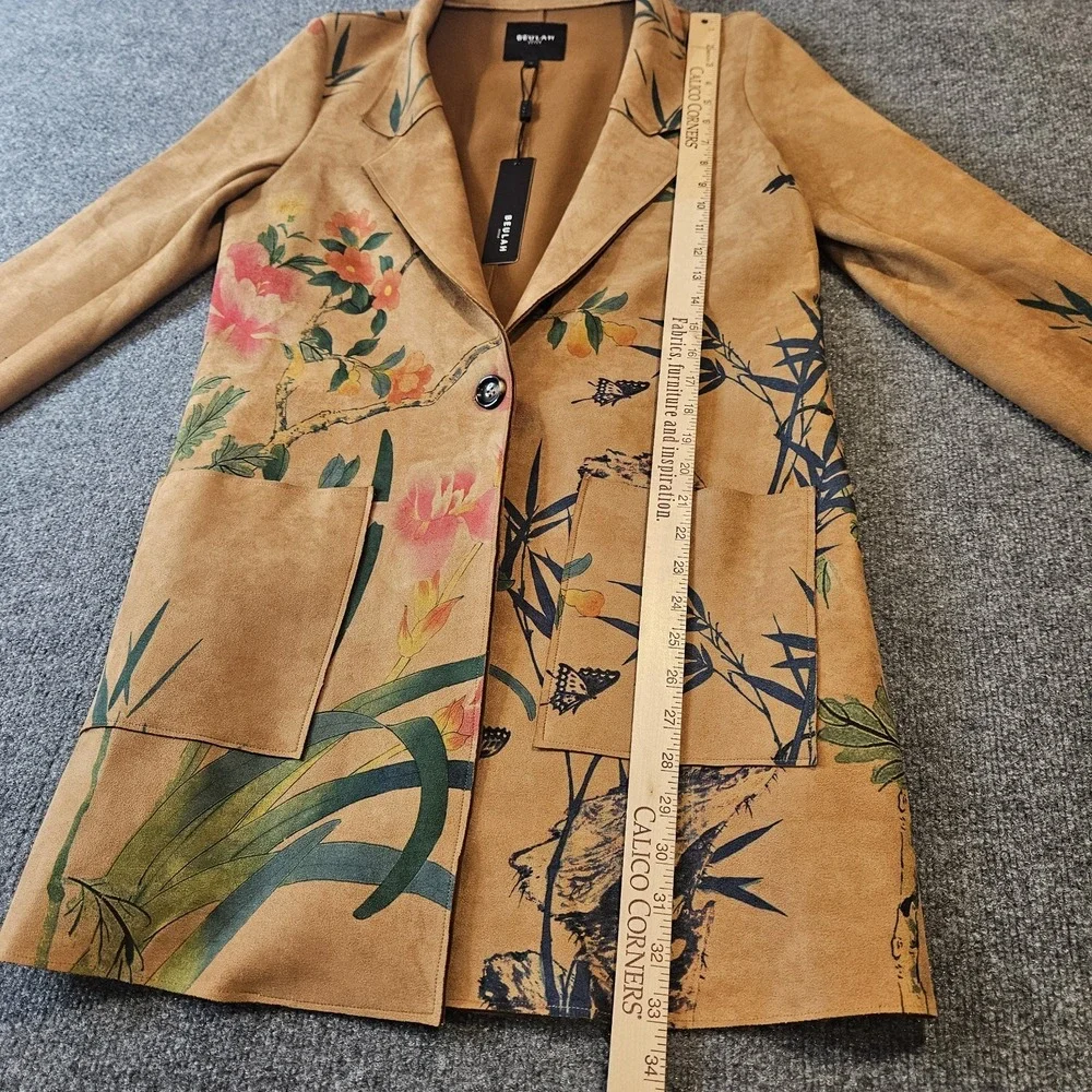 NWT Beulah Style Mid Length Faux Suede Blazer Painted Nature Botanical Size Med